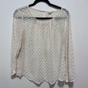Maison Jules Cream and Gold Sheer Long Sleeve Polka Dot Peasant Top Size Large